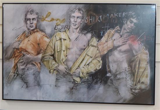 Three large framed and glazed coloured prints of youths, 85 x 54cm